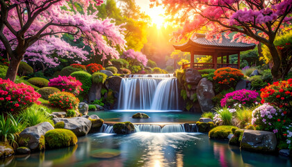 Blossoming garden waterfall
