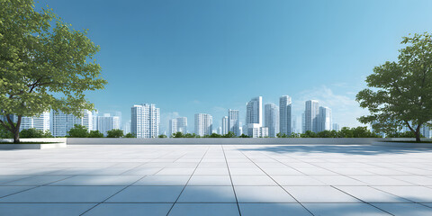 Expansive modern plaza with green trees overlooking a bright cityscape under a clear blue sky