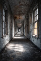 Long, decaying hallway in an abandoned building, sunlight streams through grimy windows, highlighting dust and debris on the floor, walls show significant plaster damage and peeling paint