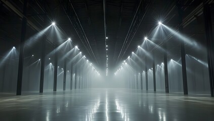 A large, empty warehouse with high ceilings and a concrete floor, illuminated by bright lights. The scene is captured in a panoramic view from the center of the room