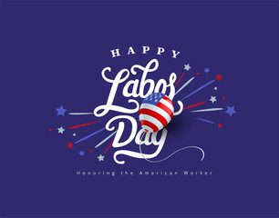 Elegant Labor Day typography design featuring hand lettered text with American flag balloon and colorful star elements on dark blue background for holiday celebration