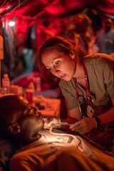 Evening in a dimly lit field hospital a nurse administers IV fluids to a patient The mood is calm and attentive, Generative AI