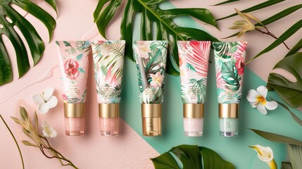 Pastel pink and teal skincare tubes adorned with tropical leaf designs, showcasing soft color hues and intricate patterns, perfect for beauty product displays, cosmetic branding, or skincare marketing