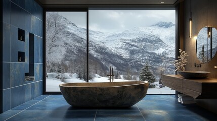 73.High-end bathroom interior featuring a stunning stone tub, moody blue tile walls, floral accents, and a large window overlooking snowy scenery