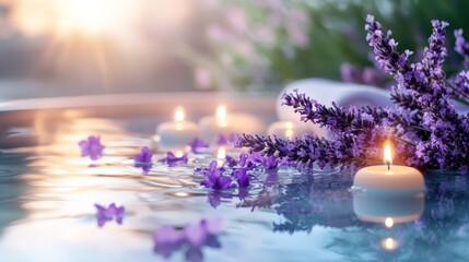 29.Holistic healing bath with lavender flowers floating in water, ritual candles surrounding the tub, and a serene, meditative setting
