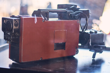 View of old film and television cameras from the 1970s and 1980s.