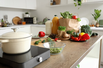 Fresh food on table in kitchen, closeup