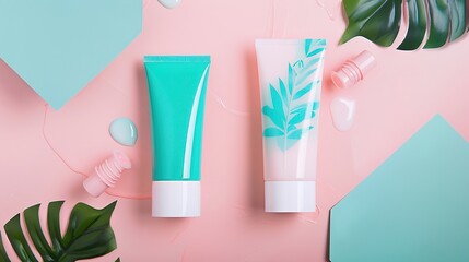 Pastel pink and teal skincare tubes adorned with tropical leaf designs, showcasing soft color hues and intricate patterns, perfect for beauty product displays, cosmetic branding, or skincare marketing