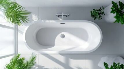 6.Minimalist top-down view of an empty white bathtub, clean modern bathroom with neutral tones and sleek design