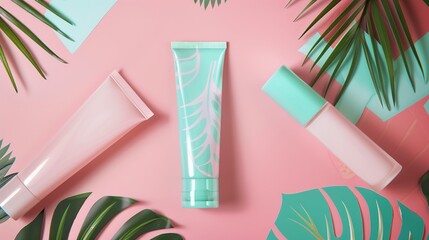 Pastel pink and teal skincare tubes adorned with tropical leaf designs, showcasing soft color hues and intricate patterns, perfect for beauty product displays, cosmetic branding, or skincare marketing