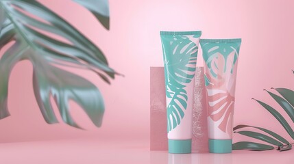 Pastel pink and teal skincare tubes adorned with tropical leaf designs, showcasing soft color hues and intricate patterns, perfect for beauty product displays, cosmetic branding, or skincare marketing