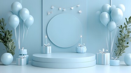 Present box, Blue podium. 3D rendering interior. Platform for product presentation, mock up background.