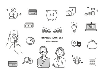 家計・貯蓄・投資関連アイコンと中年夫婦のベクター素材（ミドル世代・40代50代・モノクロ）