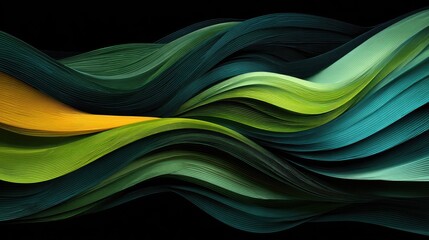 Abstract wavy layers of vibrant greens, blues, and golds on black background