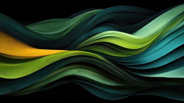 Abstract wavy layers of vibrant greens, blues, and golds on black background - Powered by Adobe