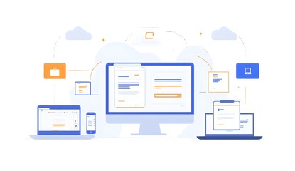 A flat illustration depicting documents and data on a screen, surrounded by various digital devices such as laptops