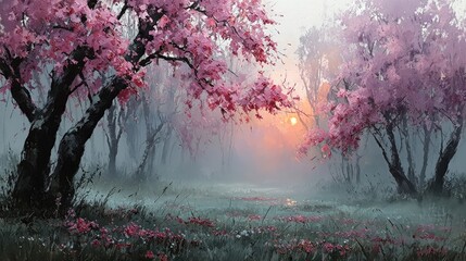 Misty morning in a pink blossom forest