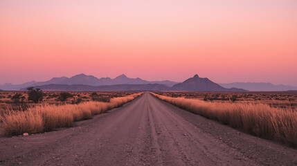 Naklejka premium The scene features a serene desert landscape with a straight dirt road, golden dry grass, and warm pastel colors, with distant mountain ranges and a soft blue sky.