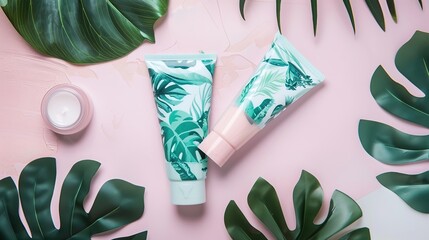 Pastel pink and teal skincare tubes adorned with tropical leaf designs, showcasing soft color hues and intricate patterns, perfect for beauty product displays, cosmetic branding, or skincare marketing