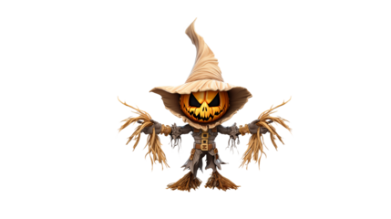 Spooky Halloween scarecrow character with carved pumpkin head and straw arms, ready for autumn celebrations and fun