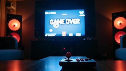 Retro Arcade Controller Displaying Game Over Screen in Cozy Gaming Room for Video Game Blogs, Gaming Reviews, eSports Content, and Home Entertainment Websites  