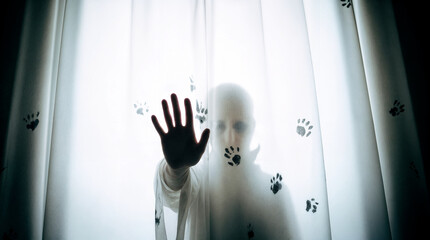Faceless figure pressing hand against translucent curtain with paw prints  