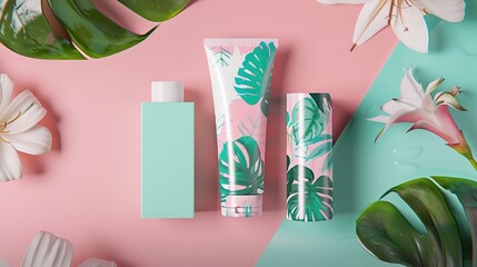 Pastel pink and teal skincare tubes adorned with tropical leaf designs, showcasing soft color hues and intricate patterns, perfect for beauty product displays, cosmetic branding, or skincare marketing