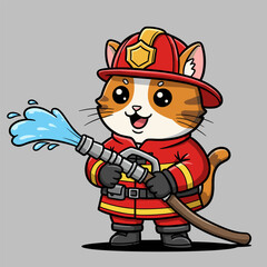 Naklejka premium Cute cartoon cat dressed as a firefighter, wearing a red uniform and helmet, spraying water from a fire hose.