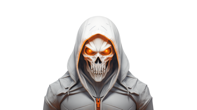 Intriguing skull-masked figure in hooded jacket with glowing eyes, perfect for Halloween, horror, or mystery projects; a captivating design element