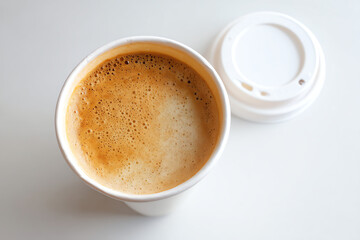 Fototapeta premium A close-up of a frothy coffee beverage in a white disposable cup with a plastic lid placed beside it on a white surface