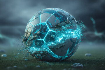 A futuristic soccer ball glowing with electric blue cracks breaks apart, scattering debris on a misty field under a moody, overcast sky