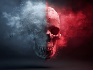 Obraz premium Half of a skull dissolves into smoky particles, split between cold blue and fiery red hues, symbolizing contrast between life and death or duality in a surreal, dramatic composition