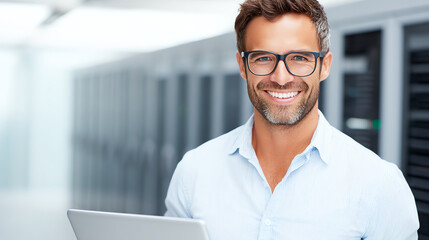 Smiling man wearing glasses holds a laptop in a bright data center with server racks in the background, suggesting IT work or technology management