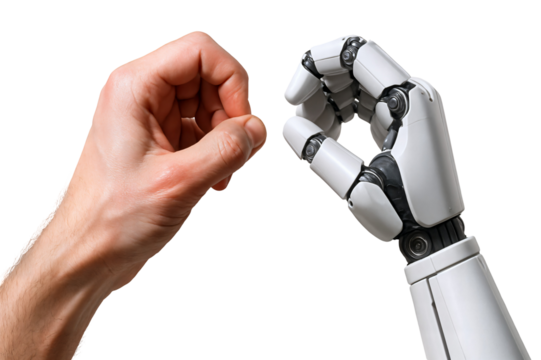 A human hand and a robotic hand engaging in a fist bump gesture.