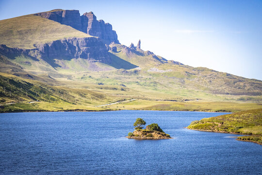 view of old man of storr with loch fada in foreground, isle of skye, skye, hebrides, highlands, scotland, uk
