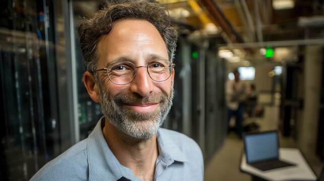 Smiling man with glasses and a beard stands in a modern server room, suggesting a tech or IT professional in a data center environment