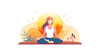 Woman meditating in lotus position at sunset, yoga and meditation for relaxation and wellness concept
