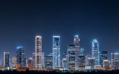 Obraz premium Downtown Skyline At Night With Stars In The Sky And Architectural Lighting