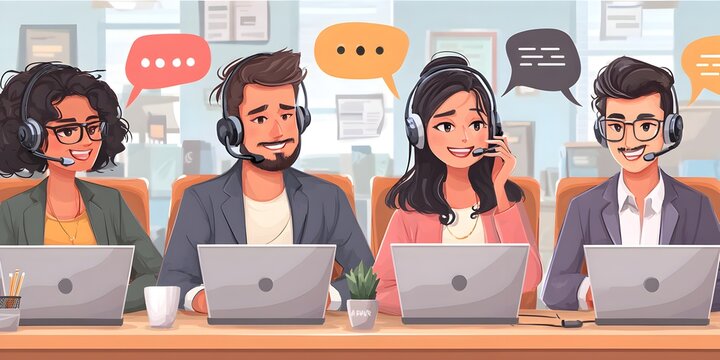 Diverse group of cartoon call center agents helping customers at their desks in a bright modern office.