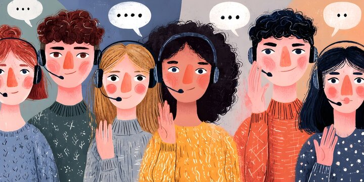 Diverse group of cheerful call center agents with headsets and speech bubbles ready to assist customers.