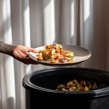 A hand holds a plate with leftover vegetable scraps above a black compost bin, highlighting food waste and composting in a softly lit indoor setting