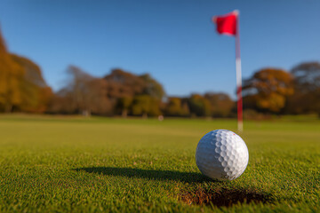 Obraz premium A close-up of a golf ball resting on the edge of a hole on a green golf course with a red flag and trees in the background under a clear blue sky
