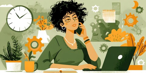 A busy woman with glasses works on her laptop while talking on the phone at her home office desk.