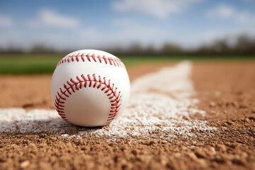 A close-up of a baseball sitting on the dirt near a chalked base line on a baseball field under a blue sky
