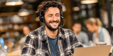 A happy man wea a headset smiles while working on his laptop in a busy public workspace setting.
