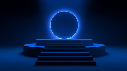 A futuristic dark blue scene featuring a glowing circular portal atop a stepped, round platform with stairs leading up in a minimalist, sci-fi style
