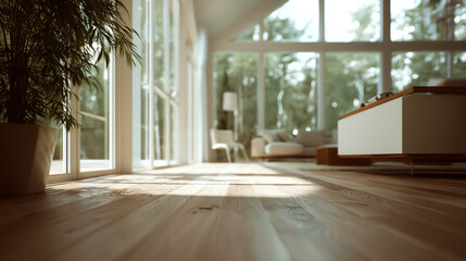 Fototapeta premium Sunlit modern living room with wooden flooring, large windows, white walls, a potted plant, and cozy furnishings in a bright, minimalist home setting