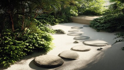 Serene stepping stones path in a sun-dappled zen garden, flanked by lush tropical greenery and smooth, pale sand