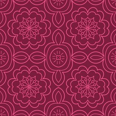 Seamless geometric floral pattern with bright pink lines on a dark red background. Suitable for fabric printing, wallpaper, gift wrapping paper, stationery and decorative design.