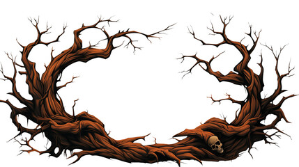Creepy Halloween illustration with gnarled tree branches framing a skull, perfect for spooky designs, posters, and seasonal projects
